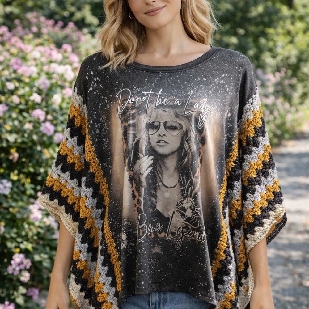 Graphic Crochet-Trim Poncho Tunic - Charcoal & Mustard
